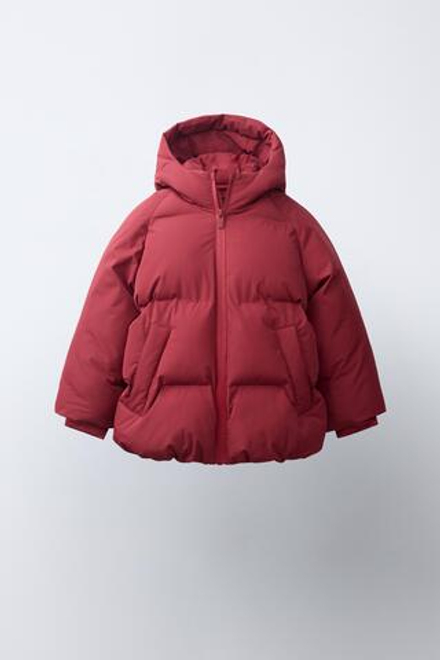 ZARA СТЕГАНОЕ ПАЛЬТО С КАПЮШОНОМ WATER REPELLENT, ТЕМНО-РОЗОВЫЙ