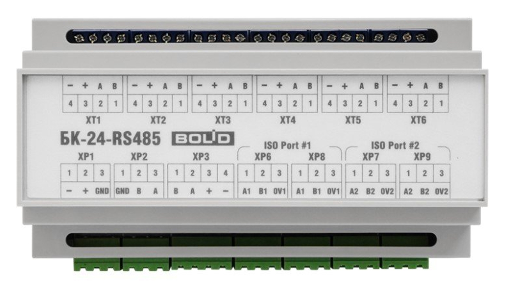 БК-24-RS485-01 - Блок коммутации для установки в шкафы, боксы. Две  внешних линии RS485 и одна внутренняя. Питание 24 В.