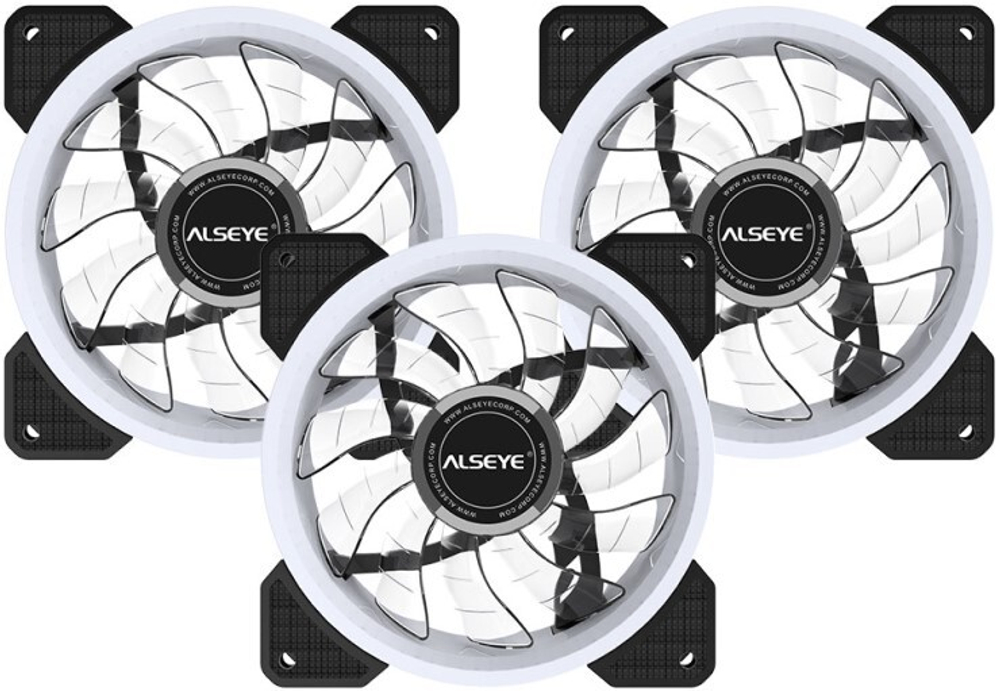 Комплект из 3 вентиляторов Alseye CRLS-300DS, 120мм, 5-pin, белый-черный/ARGB, 700-1500rpm, 62CFM, 30дБ, контроллер, пульт ДУ, антивибропрокладки, 2 ленты (AS.11.0014)