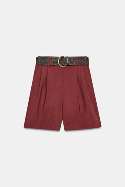 ZARA ШОРТЫ С ЗАЩИПАМИ И РЕМНЕМ, ЧЕРЕПИЧНЫЙ