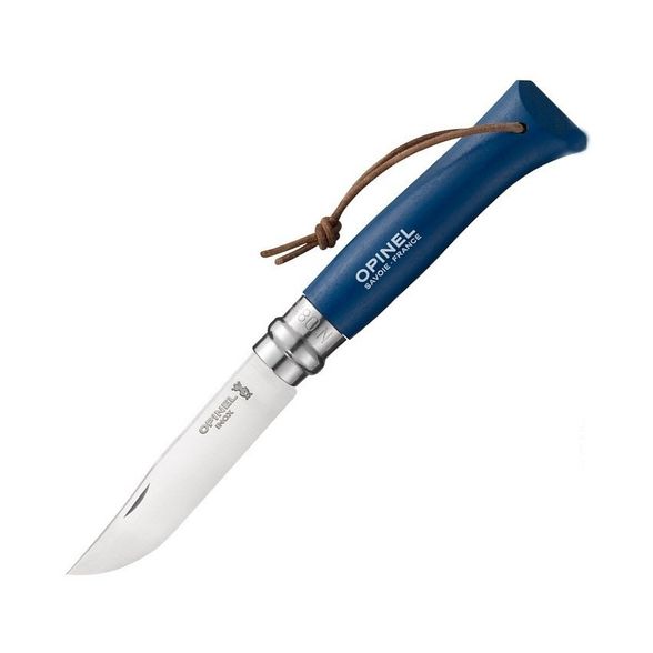 Цена наНож складной Opinel Trekking №8 Trekking, нержавеющая сталь, кожаный темляк, синий