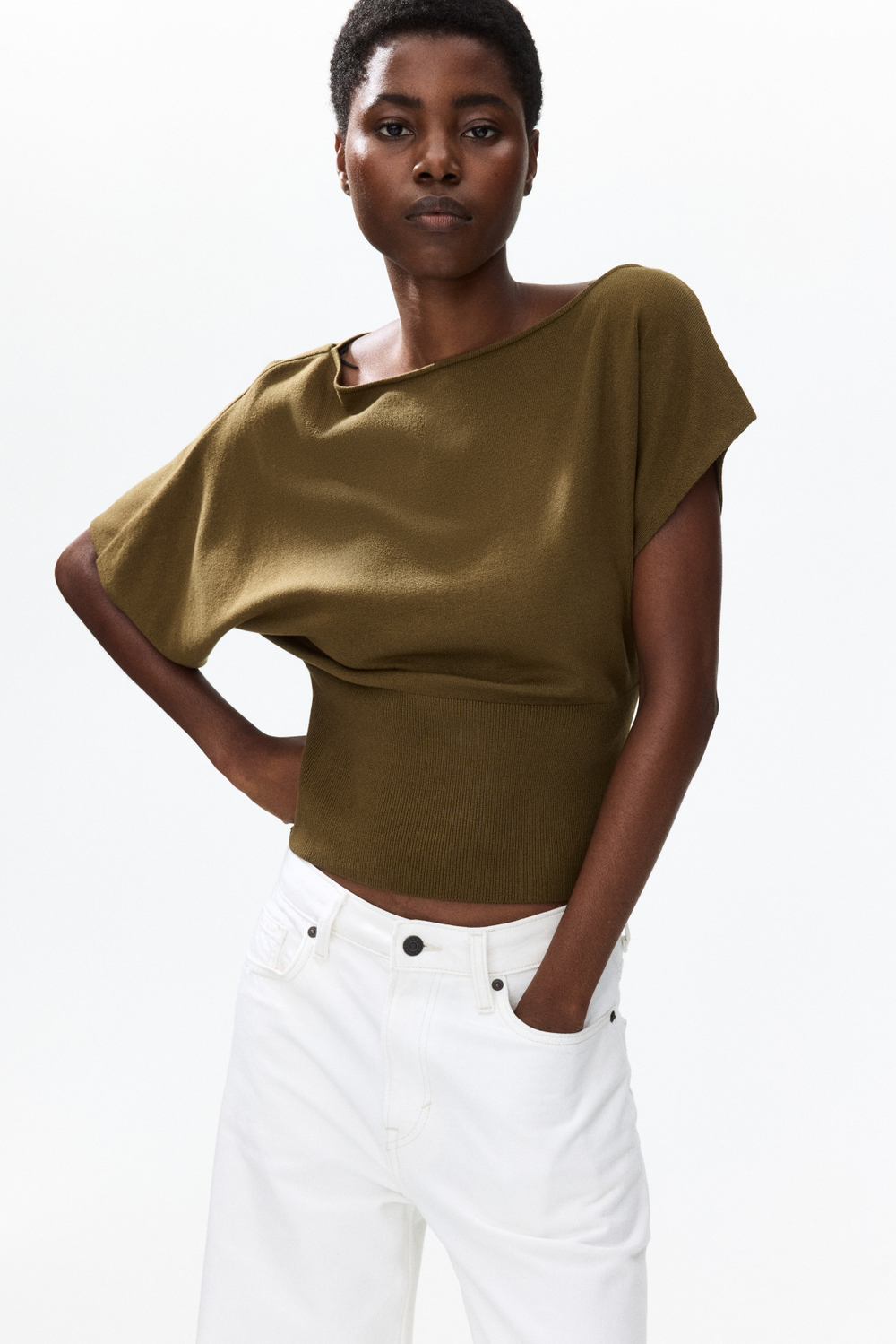 Тонкий трикотажный топ на одно плечо — Кремовый — H&M 1338432