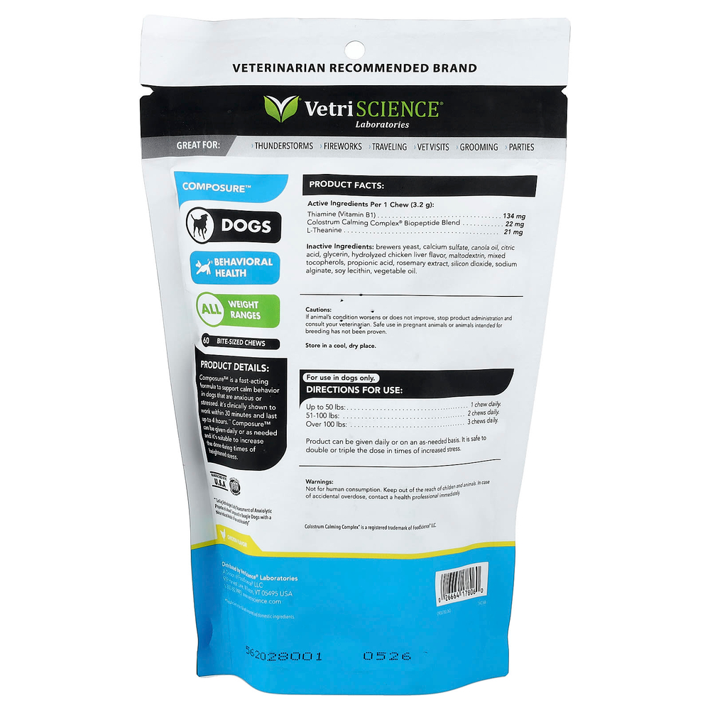 VetriScience, Composure ™, для всех собак, с курицей, жевательные таблетки на каждый кусочек, 192 г (6,77 унции)