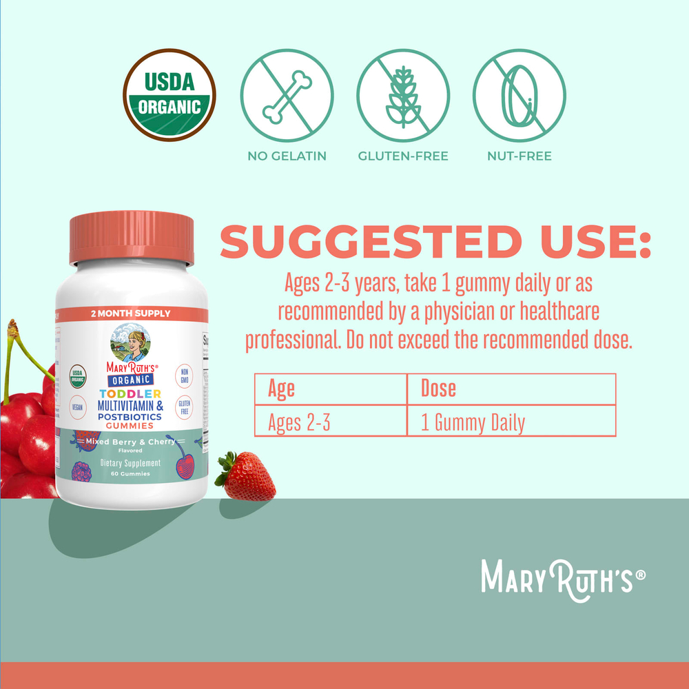 MaryRuth's, органические жевательные таблетки с мультивитаминами и постбиотиками для малышей, со вкусом ягод и вишни, 60 жевательных таблеток