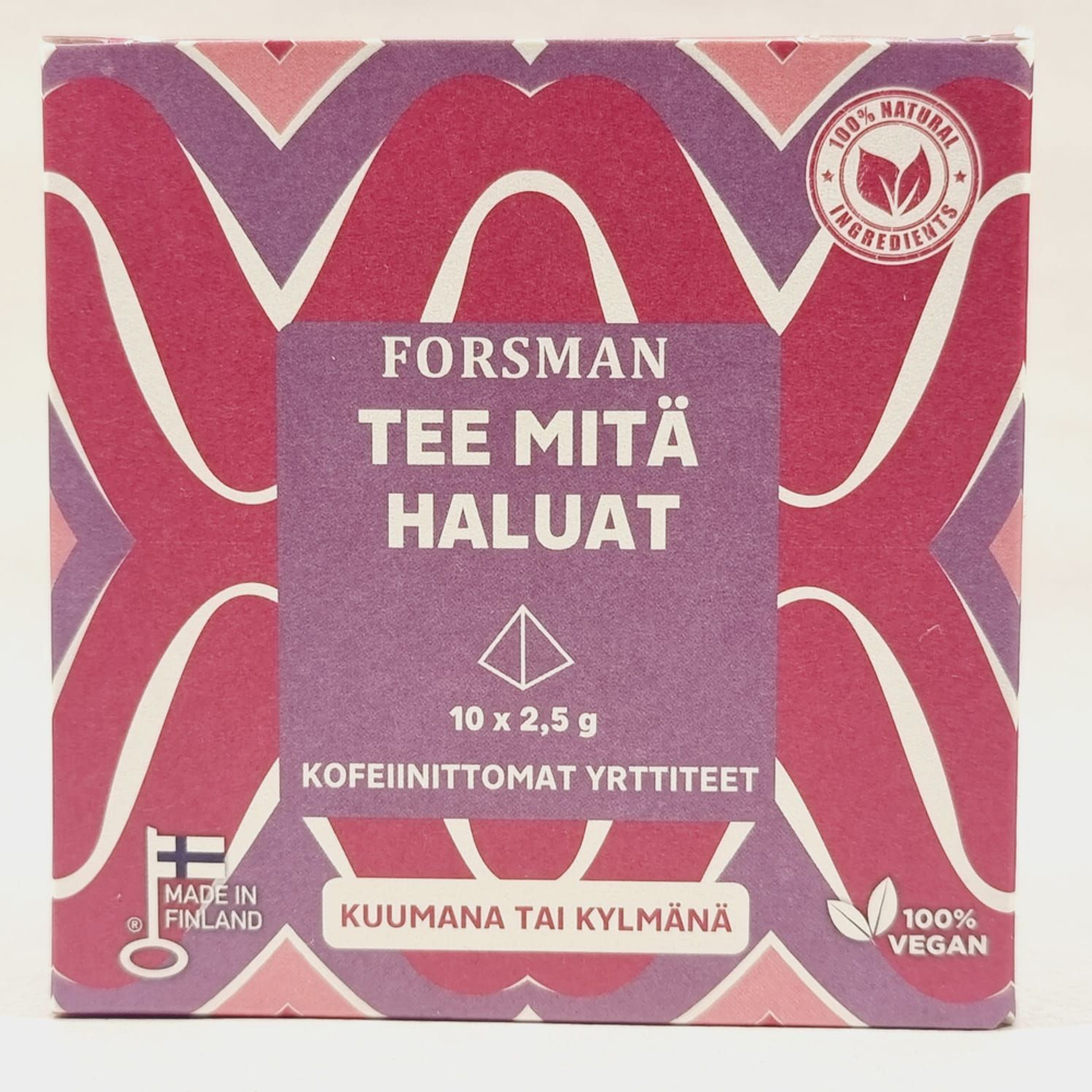 Чай ассорти Forsman "MY CUP OF TEA" с добавками (черника, черная смородина, гибискус, ройбуш, ваниль, клубника, ромашка и др.) без кофеина в пирамидках (10 шт. по 2,5 г) 45 г (из Финляндии)