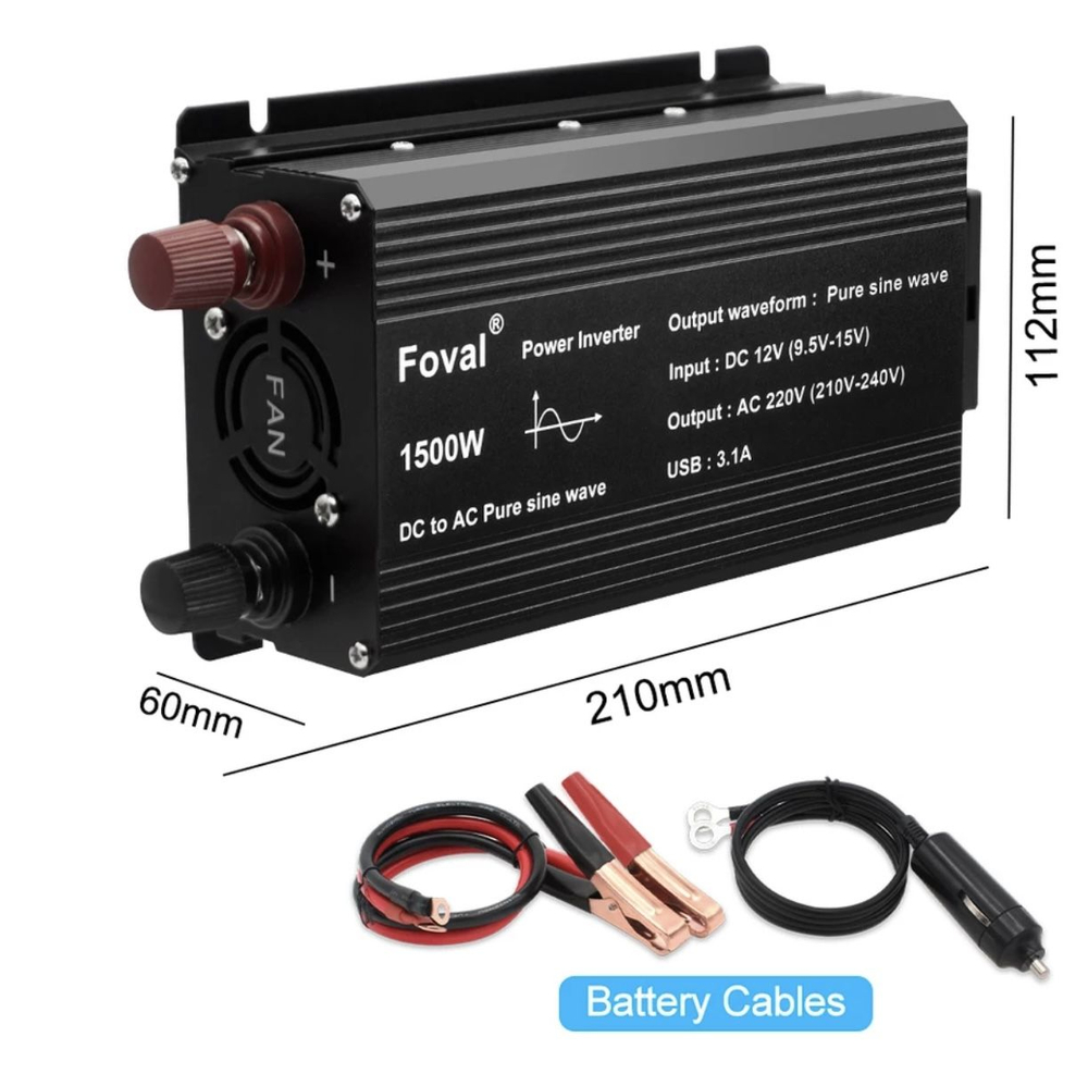 Инвертор 12V-220V 1500W черный Foval чистый синус