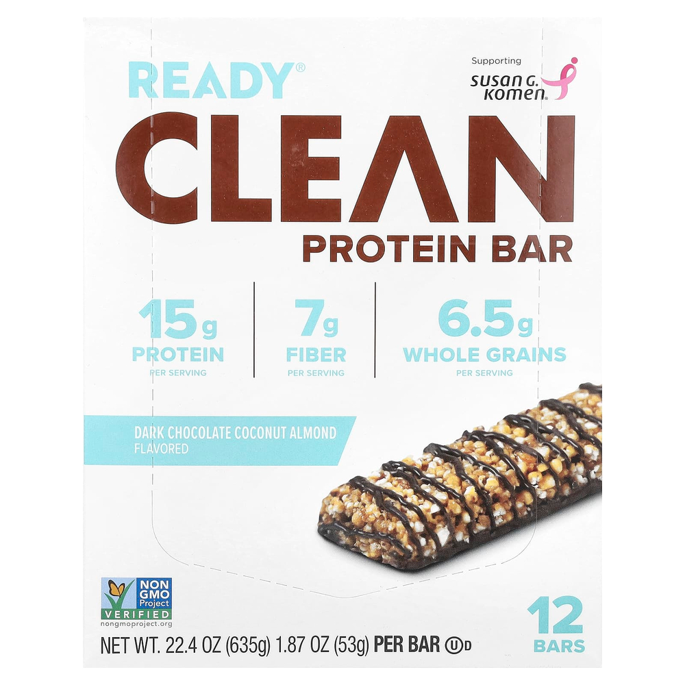 Ready, Clean Protein Bar, темный шоколад, кокос и миндаль, 12 батончиков, 53 г (1,87 унции)