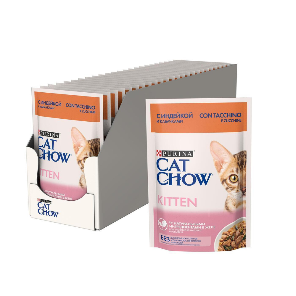 Влажный корм Cat Chow Kitten для котят, с индейкой и кабачками в желе, 26 шт x 85 г