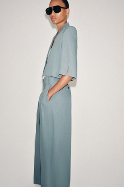 ZARA БРЮКИ С ЗАЩИПАМИ И ЛЬНОМ — ZW COLLECTION, СЕРО-СИНИЙ