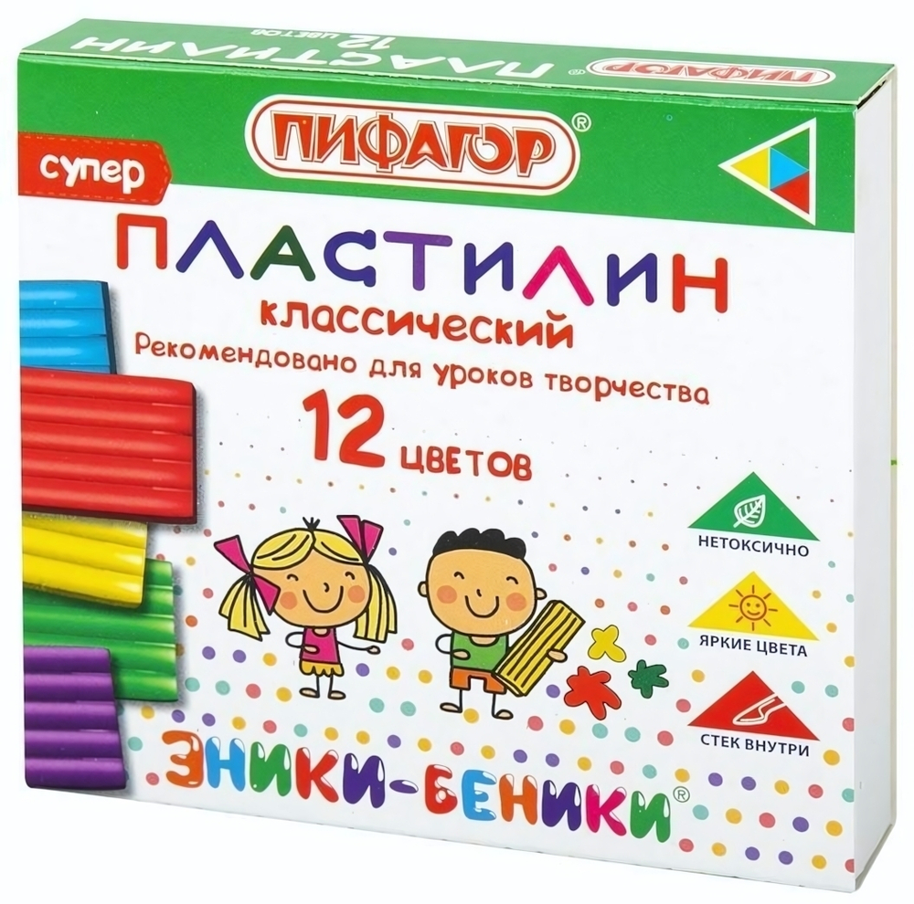Пластилин классический 12 цветов 120г со стеком "ЭНИКИ-БЕНИКИ СУПЕР" (ПИФАГОР)