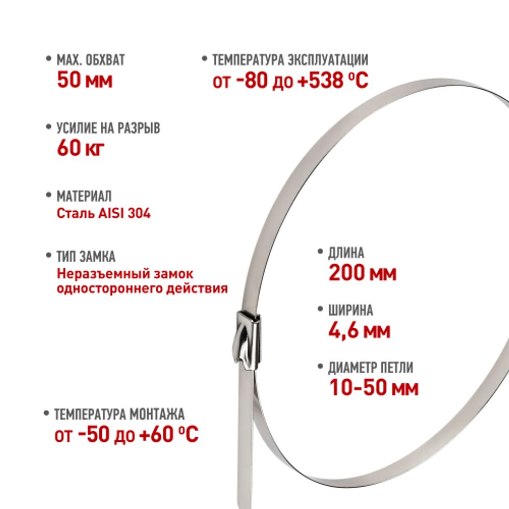 Кабельная стяжка (хомут) стальная AISI 304 ЭРА NO-225-247 4.6 x 200 мм 10 шт | Кабельные стяжки (хомуты) стальные