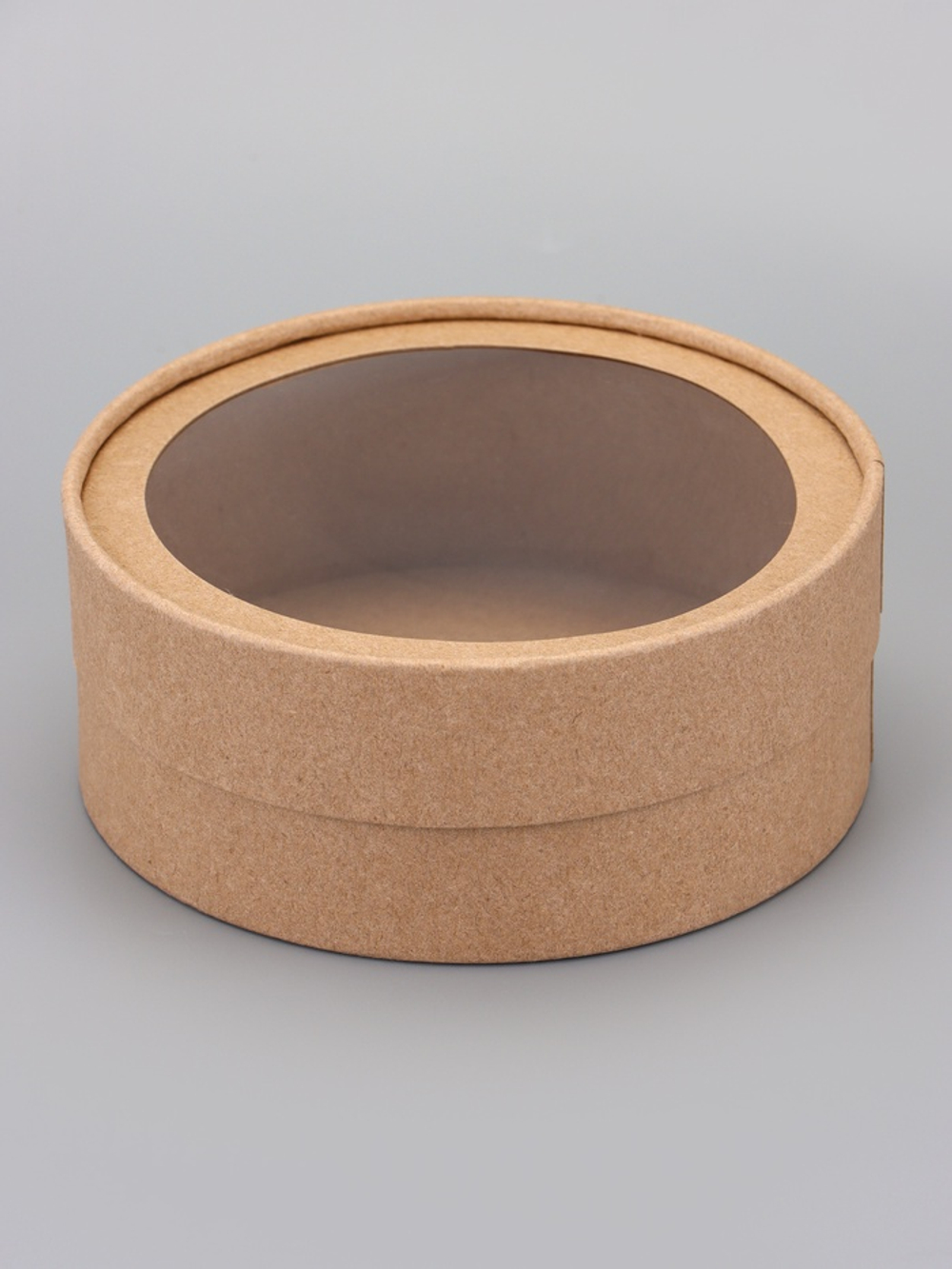 Коробка круглая подарочная, завальцованная с окном, крафт, 15×6 см
