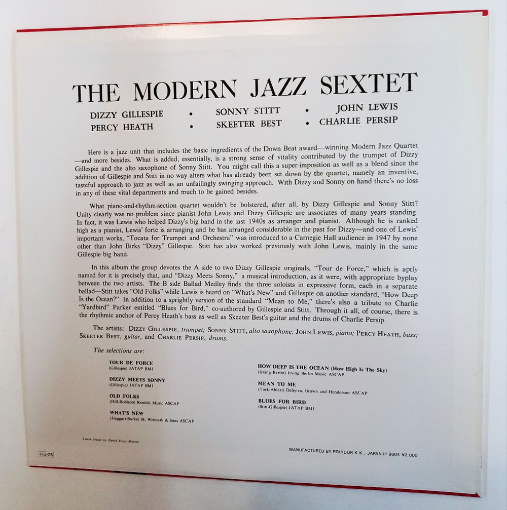 Винтажная виниловая пластинка LP The Modern Jazz Sextet Featuring Dizzy Gillespie, Sonny Stitt, John Lewis, Skeeter Best, Percy Heath & Charlie Persip The Modern Jazz Sextet (Japan 1986)