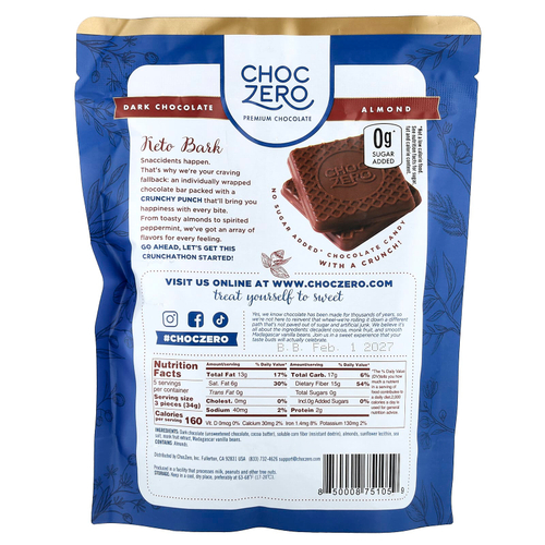 ChocZero, Keto Bark, темный шоколад, миндаль с морской солью, 15 мини-батончиков, 170 г (6 унций)
