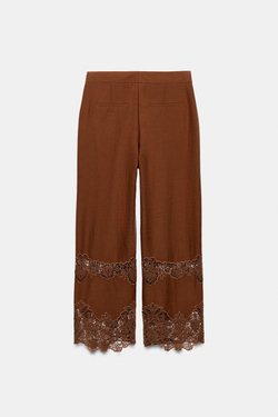 ZARA БРЮКИ С АЖУРНОЙ ВЫШИВКОЙ, КАРАМЕЛЬНЫЙ