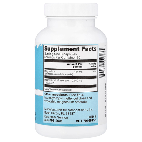 Vitacost, Magtein®, L-треонат магния, 90 капсул (670 мг в 1 капсуле)