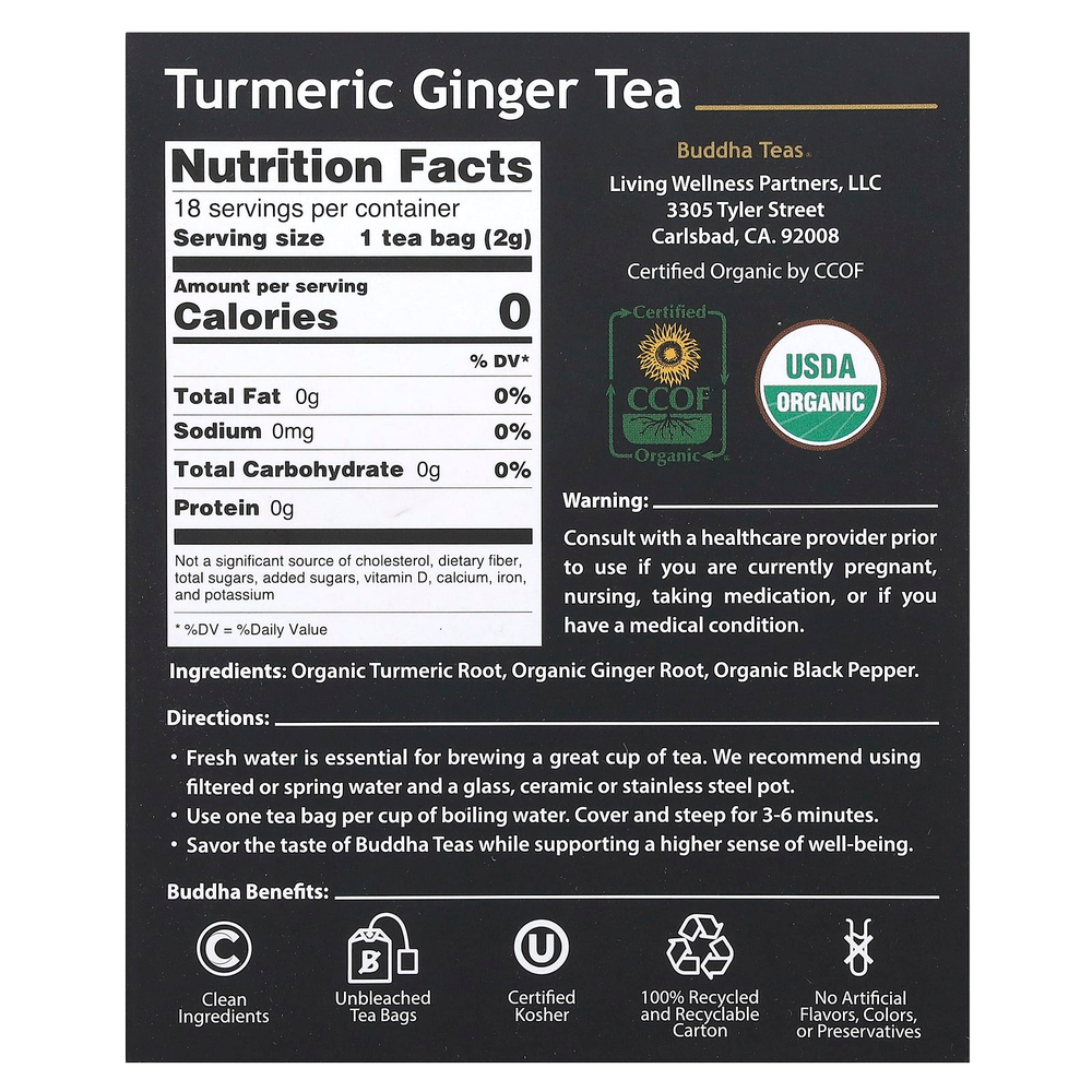 Buddha Teas, Organic Herbal Tea, куркума и имбирь, без кофеина, 18 чайных пакетиков, 36 г (1,27 унции)