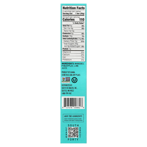 South Forty Snack Company, фруктовые батончики, манго, ананас и лайм, 5 батончиков по 35 г (1,2 унции)