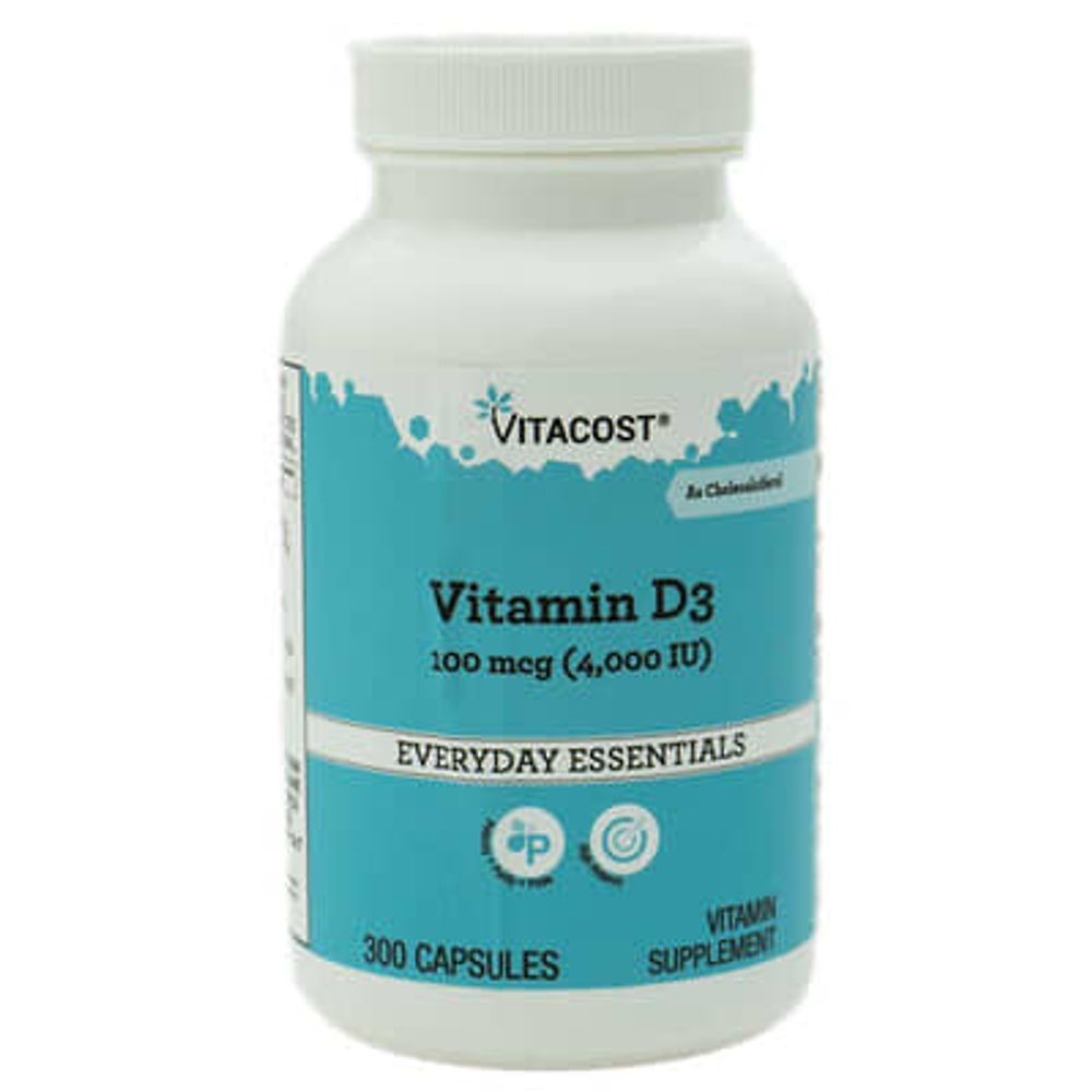 Vitacost, витамин D3, 100 мкг (4000 МЕ), 300 капсул