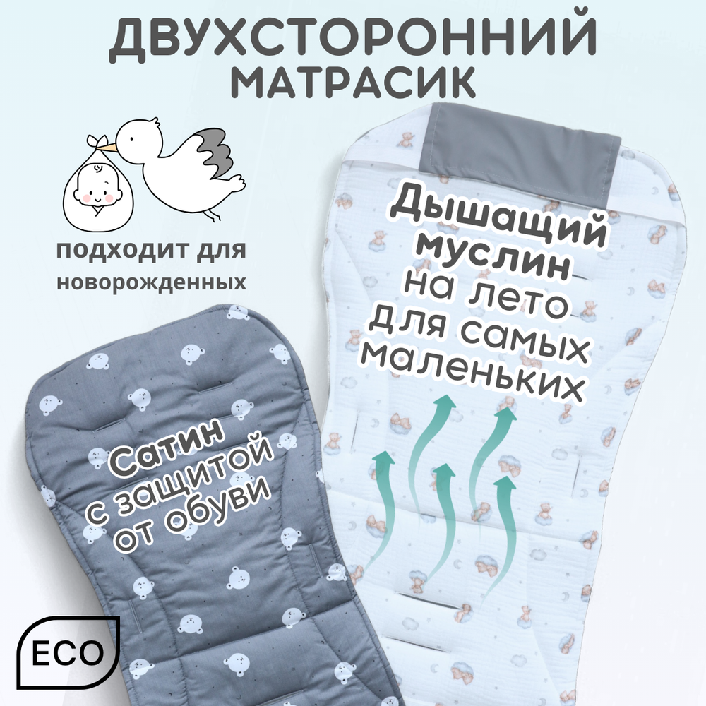 Матрасик в коляску модель КМ1 BG 169-2 серый мишки