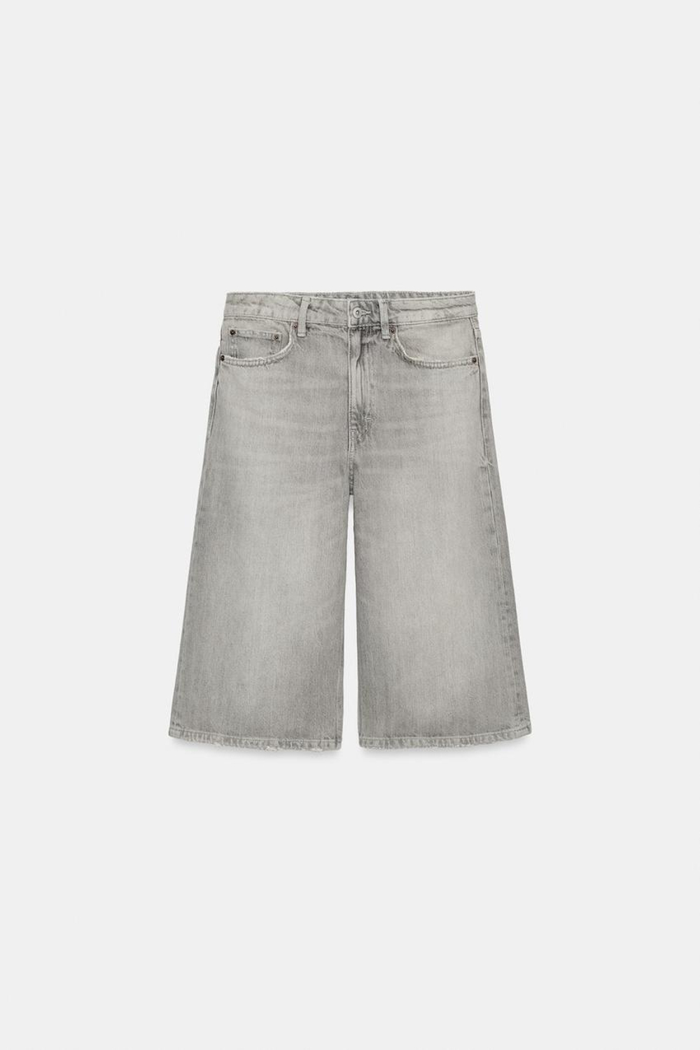 ZARA ДЖИНСОВЫЕ ШОРТЫ TRF BAGGY С РАЗРЕЗАМИ, СВЕТЛО-СЕРЫЙ