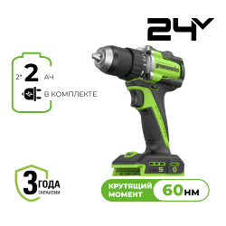 Дрель-шуруповерт акк.Greenworks 24 V DD560,б/щет,30/60 Нм,13мм,Anti-kickback,2х2Ач,ЗУ,кор(3708407CUC)