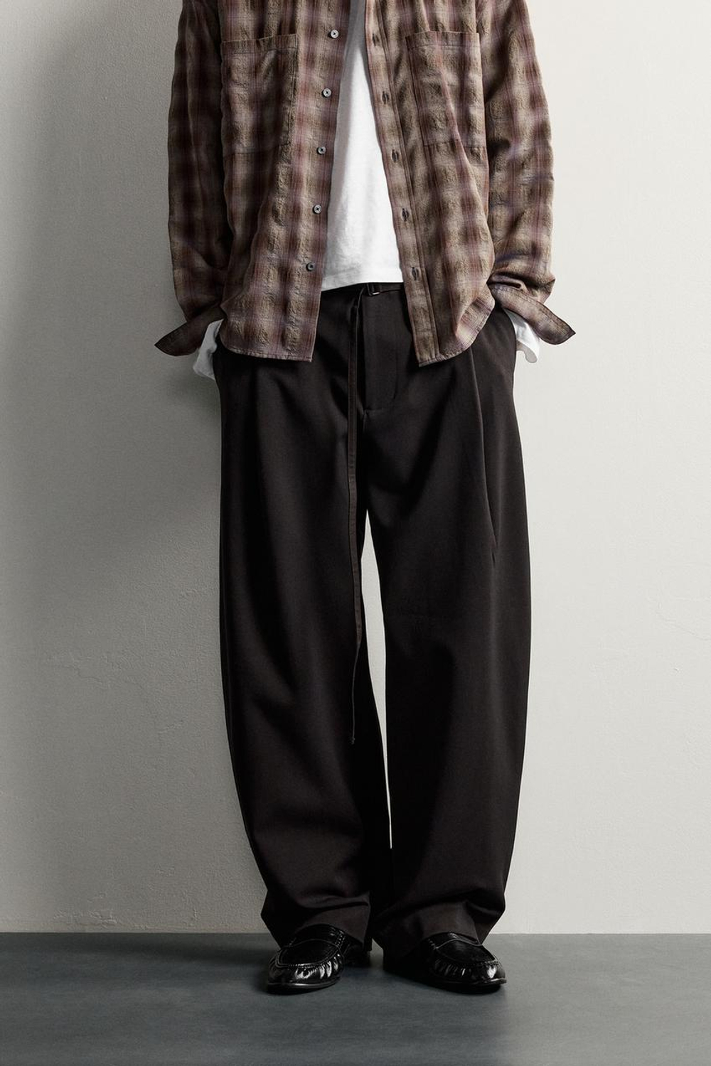 ZARA БРЮКИ BALLOON FIT С РЕМНЕМ И ЗАЩИПАМИ, КОРИЧНЕВЫЙ