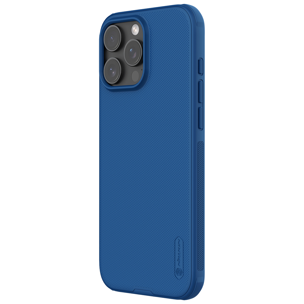 Усиленный чехол синего цвета от Nillkin для iPhone 16 Pro, серия Super Frosted Shield Pro