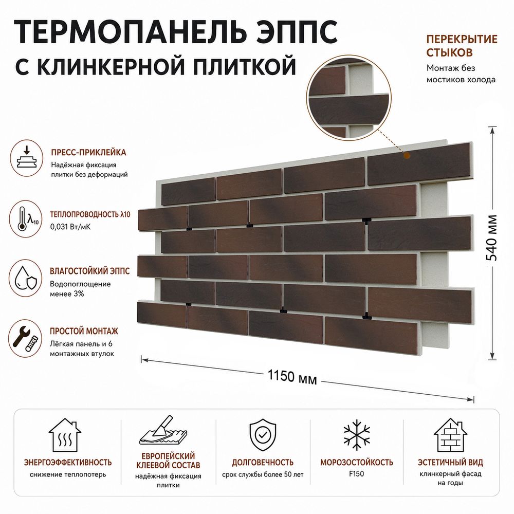 Клинкерная фасадная термопанель ЭППС Береза Керамика Брик Хаус Терракотовый 1150x540