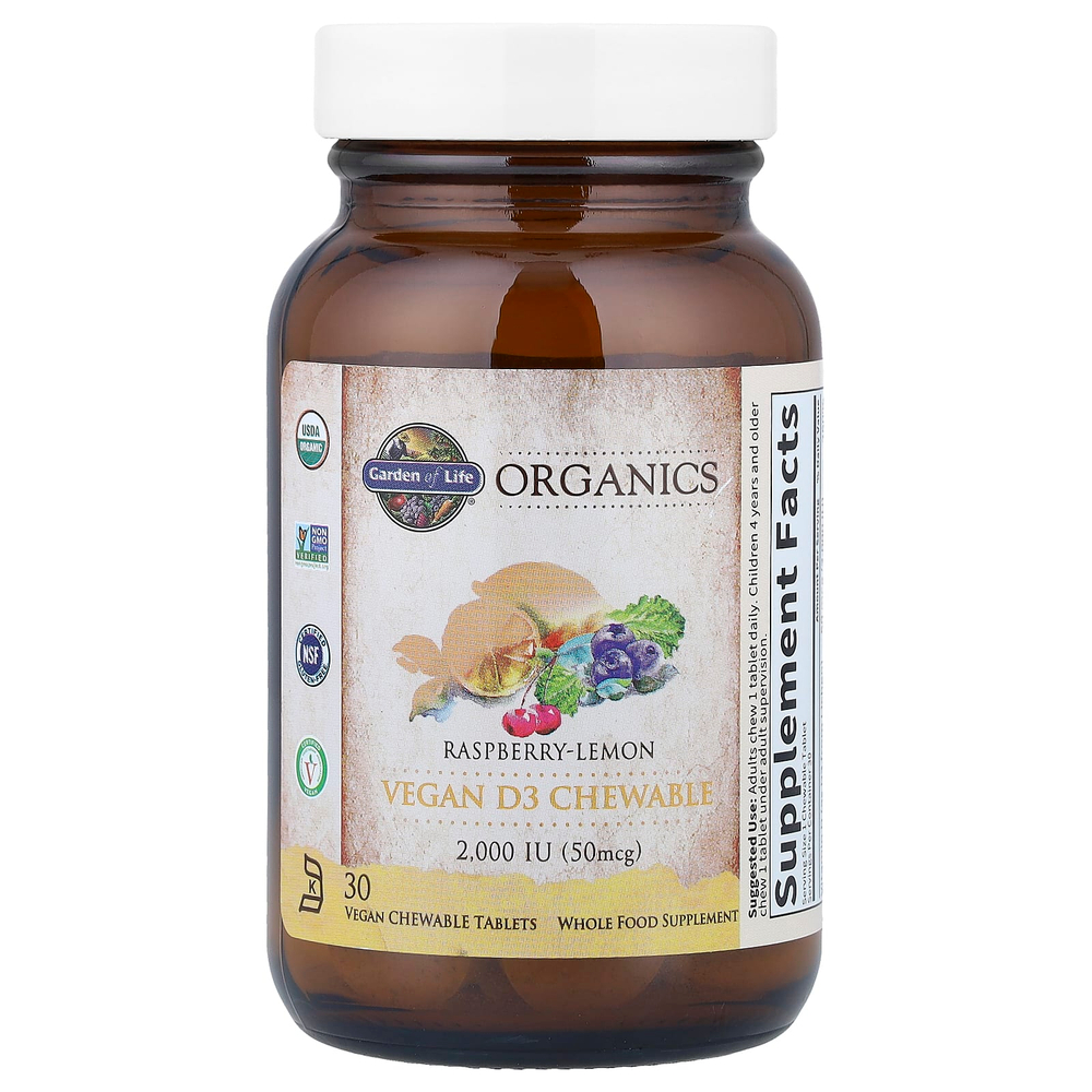 Garden of Life, Organics, веганский жевательный витамин D3, малина и лимон, 30 веганских жевательных таблеток