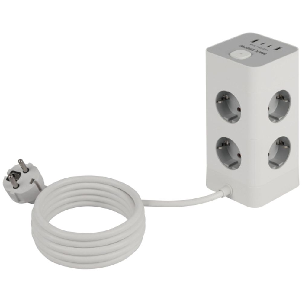 Сетевой фильтр ЭРА TWR-8es-1,5m-4USB-W башня с защитой заземлением с выключателем 8 розеток+4xUSBA+C 1,5м 16А белый | Электротовары
