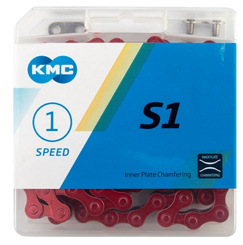 Цепь KMC S1 для 1 скорости, 1/2"х1/8", 112 звеньев, пин 8.7мм, с замком, красная
