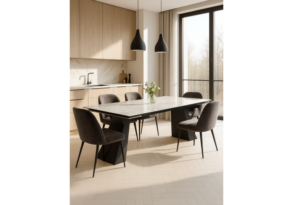 Керамический стол Woodville Денхольм 240(290)х100х75 rystal onyx bianco, черный