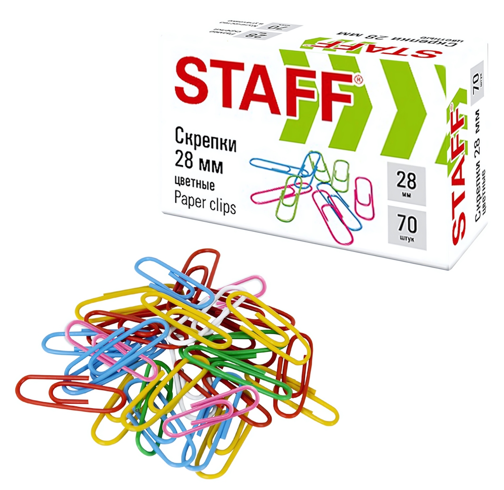 Скрепки 28 мм. 70 штук, цветные (STAFF)