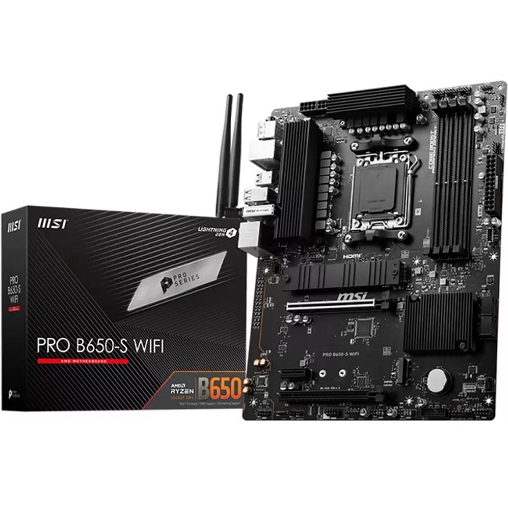 Материнская плата MSI PRO B650-S WIFI (AM5/AMD B650/4xDDR5/2xPCI-Ex16/2xM.2/SB7.1/Wi-Fi/BT/GLAN/DisplayPort/HDMI/ATX)