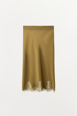 ZARA ЮБКА МИДИ С КРУЖЕВОМ, ГОРЧИЧНЫЙ