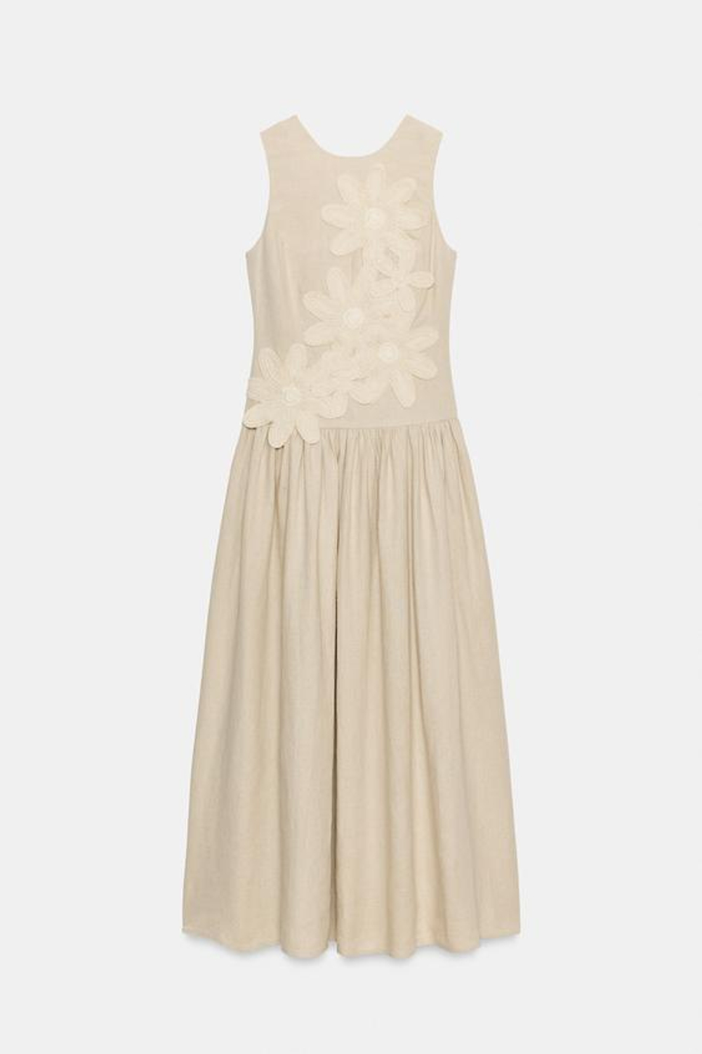 ZARA КОМБИНИРОВАННОЕ ЛЬНЯНОЕ ПЛАТЬЕ МИДИ, СВЕТЛО-БЕЖЕВЫЙ