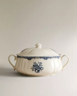 ZARA HOME СЕРВИРОВОЧНАЯ СУПНИЦА ИЗ ФАЯНСА С ЦВЕТОЧНЫМ УЗОРОМ, СИНИЙ