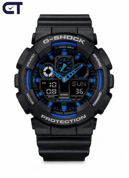 CASIO GA-100-1A2DR G-SHOCK мужские наручные часы — чёрная G-SHOCK с синими акцентами и магнитостойкостью