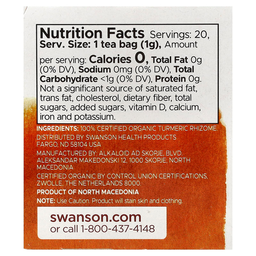 Swanson Vitamins, 100% органический чай с куркумой, без кофеина, 20 чайных пакетиков, 20 г (0,7 унции)