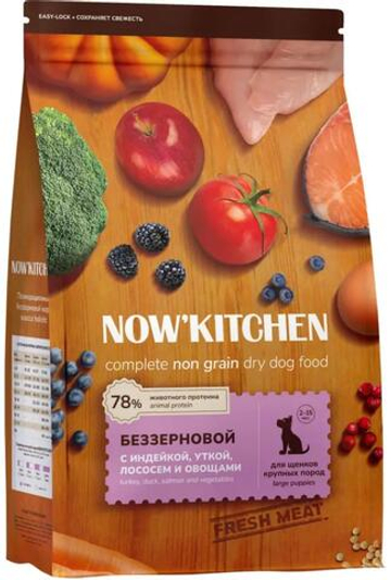 NOW'KITCHEN беззерновой сухой корм для щенков крупных пород со свежей индейкой, уткой, лососем, 9,98 кг