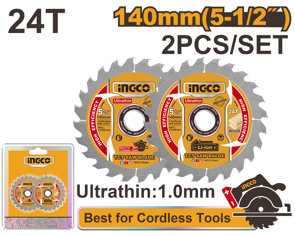 Диск пильный по дереву ультратонкий TCT INGCO TSB1403 INDUSTRIAL 140х25.4х1 мм 24Т 2 шт. Диск пильный по дереву ультратонкий TCT INGCO TSB1403 INDUSTRIAL 140х25.4х1 мм 24Т 2 шт.
