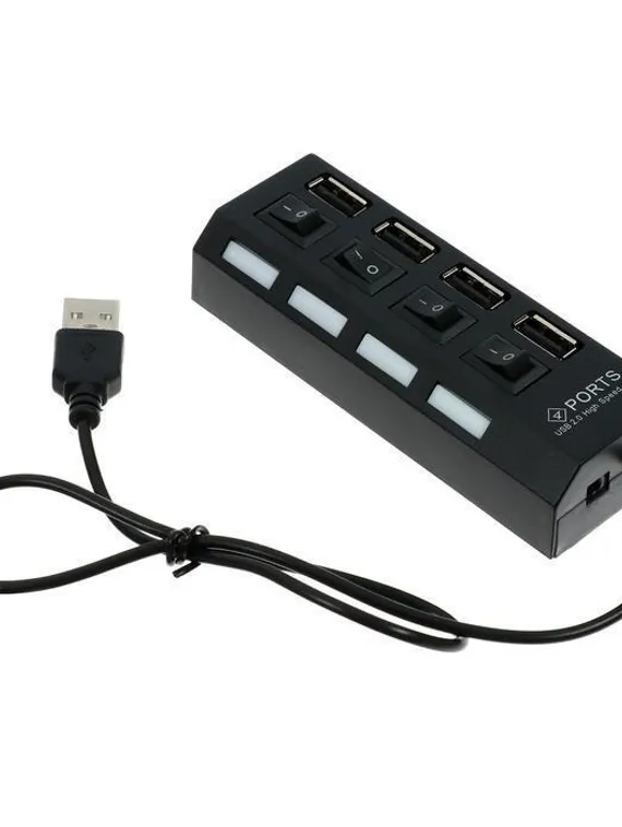 USB-разветвитель LuazON, 4 порта с индивидуальными выключателями, черный