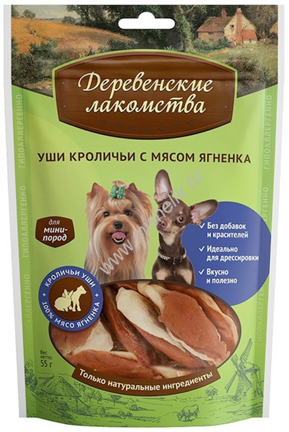 Лакомства для собак Деревенские лакомства 55г Уши кроличьи с мясом ягненка для собак малых пород