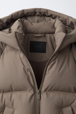 ZARA СТЕГАНОЕ ПАЛЬТО С КАПЮШОНОМ WATER REPELLENT, СЕРОВАТО-КОРИЧНЕВЫЙ