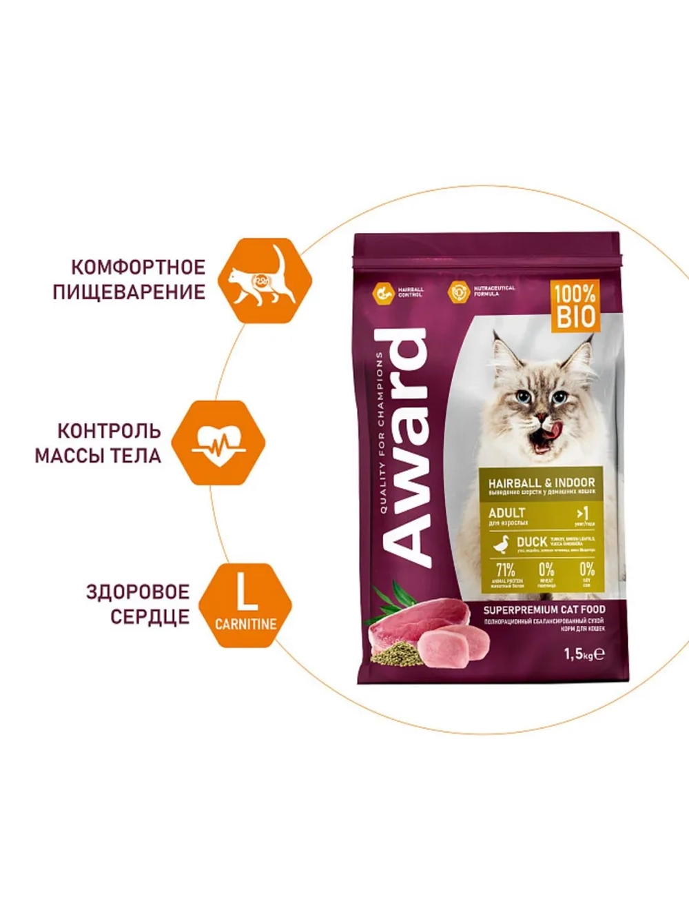 Корм для кошек Hairball & Indoor Утка и индейка 1,5кг