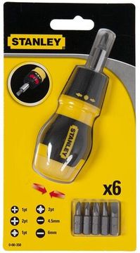 Отвертка держатель короткая с храповым механизмом + 6 бит Stanley 0-66-358