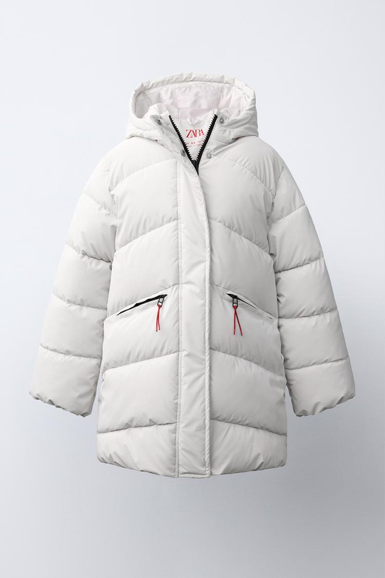 ZARA СТЕГАНОЕ ПРОРЕЗИНЕННОЕ ПАЛЬТО WATER RESISTANT, ЦВЕТ ЛЬДА