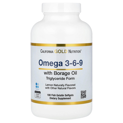 California Gold Nutrition, омега-3, 6 и 9, с рыбьим жиром с омега-3 и маслом семян бурачника, ЭПК, ДГК, ГЛК и линолевая кислота, натуральный лимон, 180 капсул из рыбьего желатина