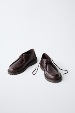 ZARA КОЖАНЫЕ ТУФЛИ-МОКАСИНЫ, ГРАНАТОВЫЙ